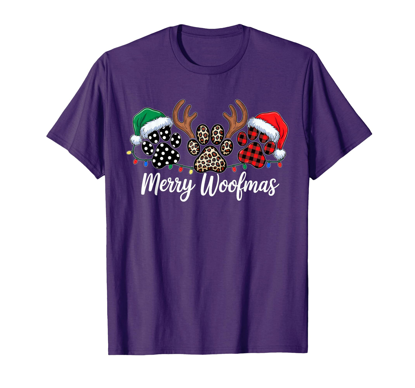 Merry Woofmas Christmas Dog Paws Buffalo Plaid Xmas Lights T-Shirt
