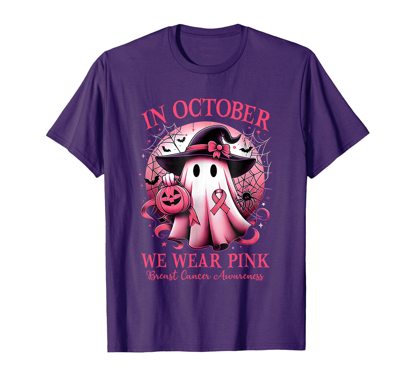 in October We Wear Pink Witch Ghost Breast Cancer T-Shirt