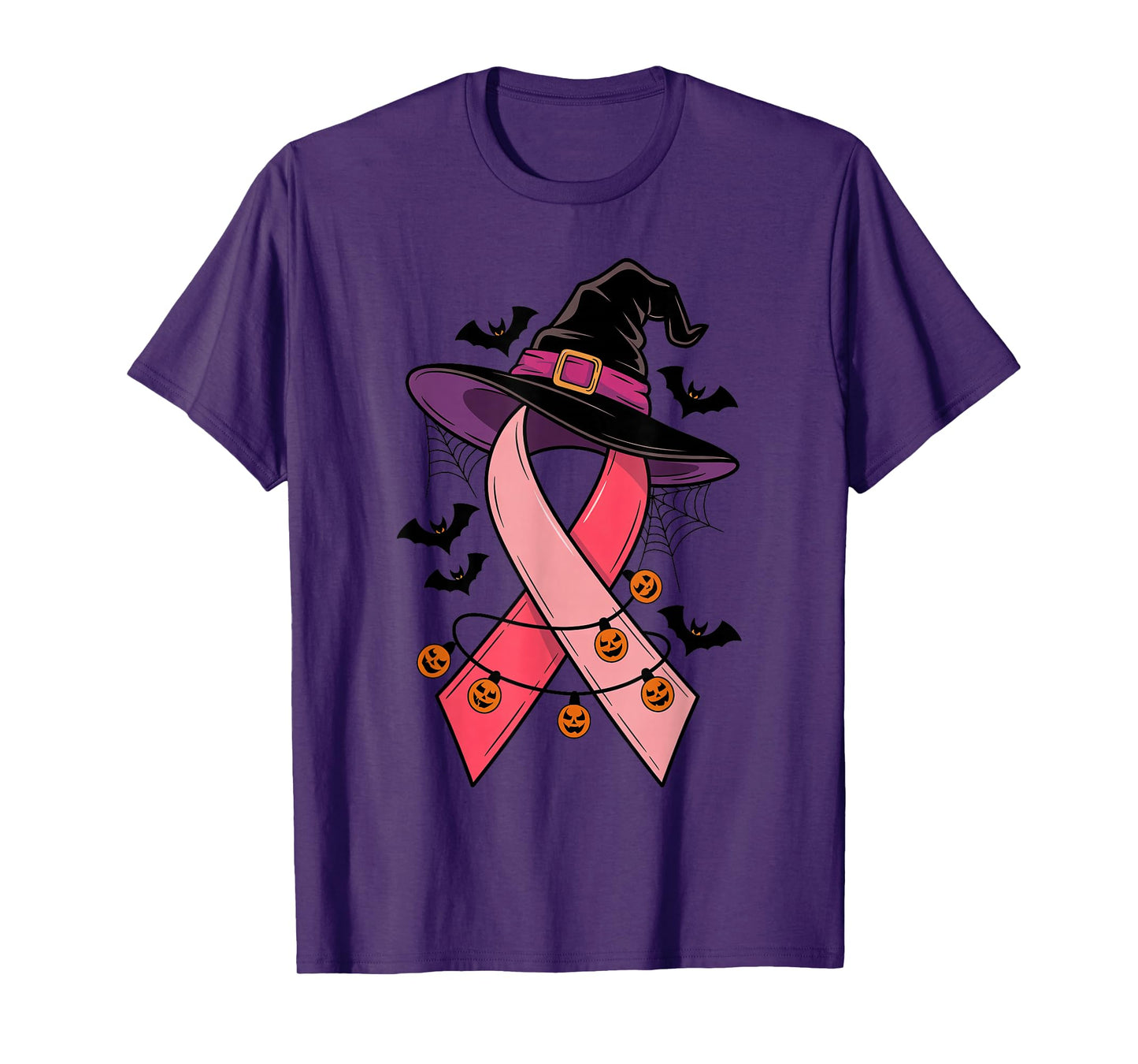Pink Ribbon Witch Hat Bats Halloween Breast Cancer Survivor T-Shirt