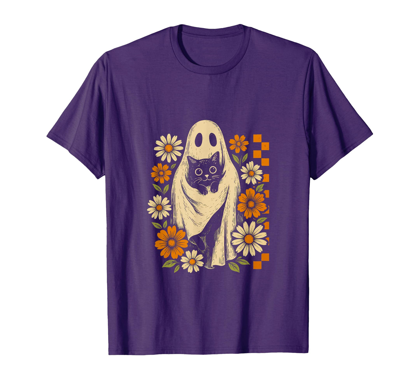 Vintage Halloween Ghost Holding Black Cat Groovy T-Shirt