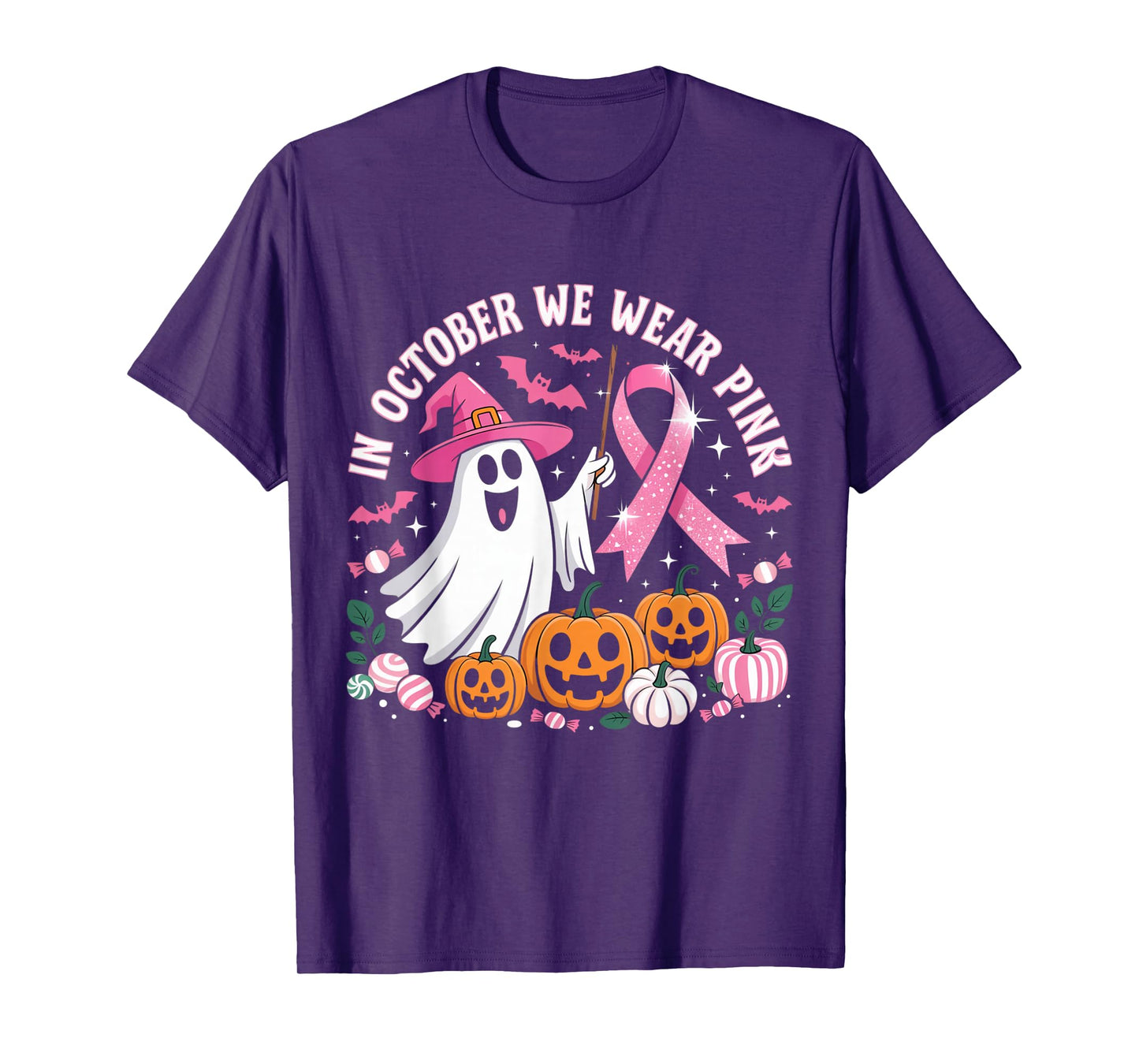 in October We Wear Pink Ghost Witch Breast Cancer Awareness T-Shirt
