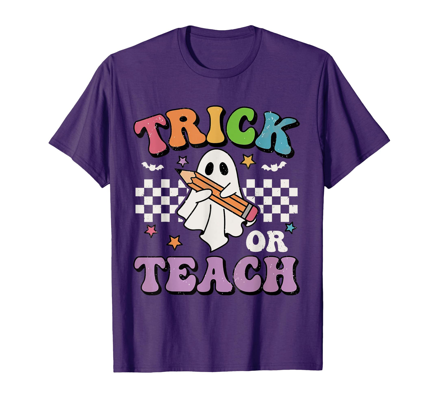 Trick Or Teach Groovy Teacher Halloween Retro Floral Ghost T-Shirt