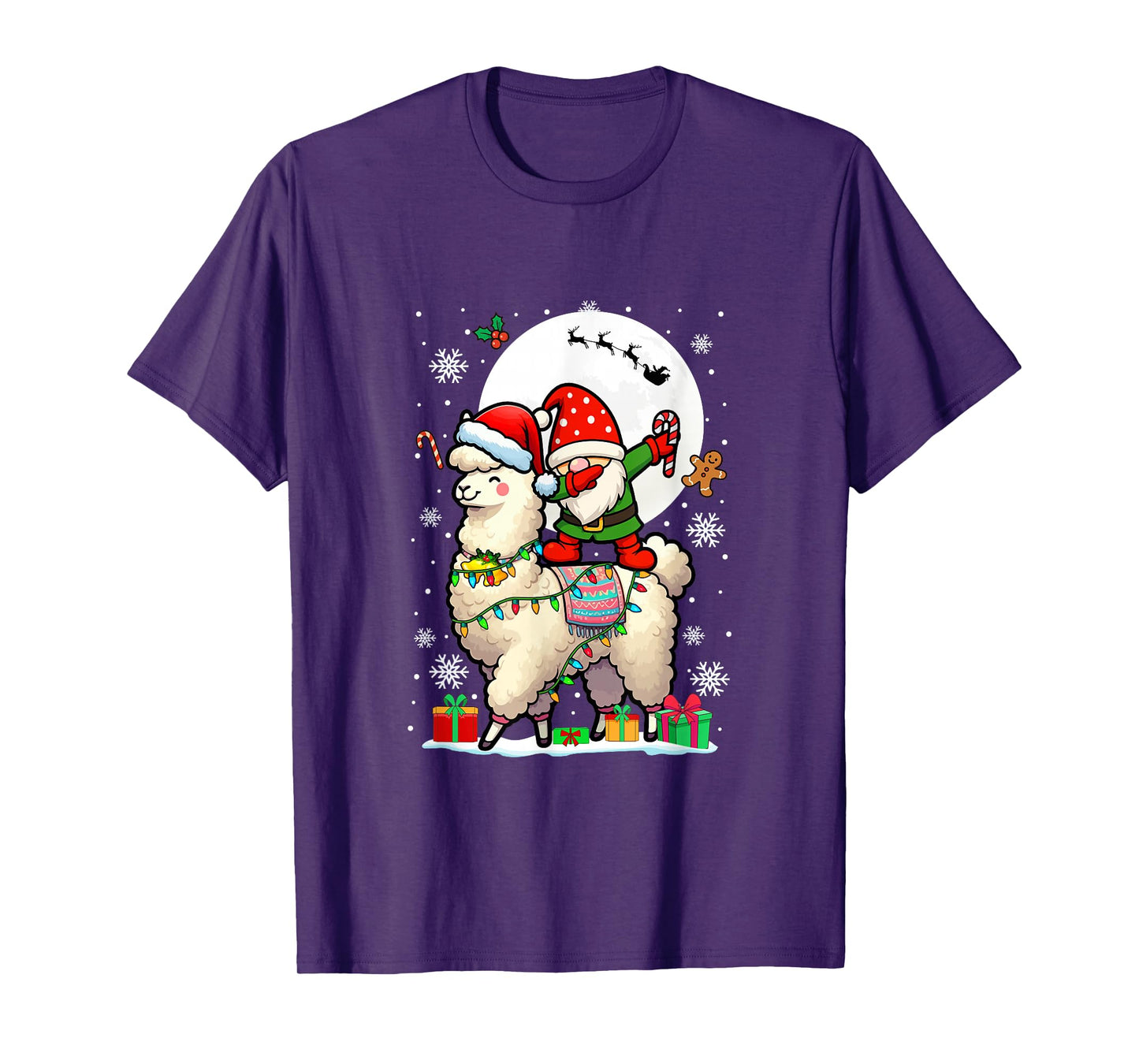 Dabbing Gnome On Llama Christmas Santa Colorful Lights T-Shirt