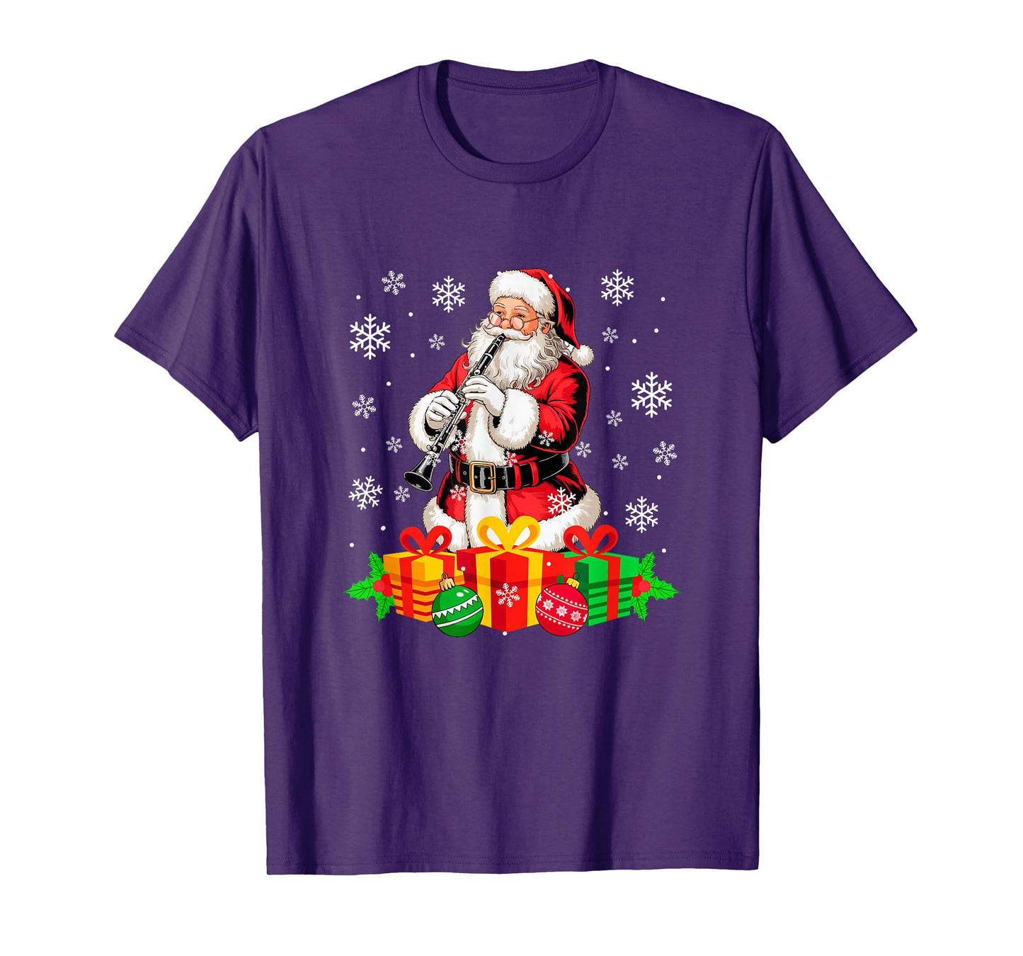 Santa Playing Clarinet Instrument Colorful Christmas Boxes T-Shirt