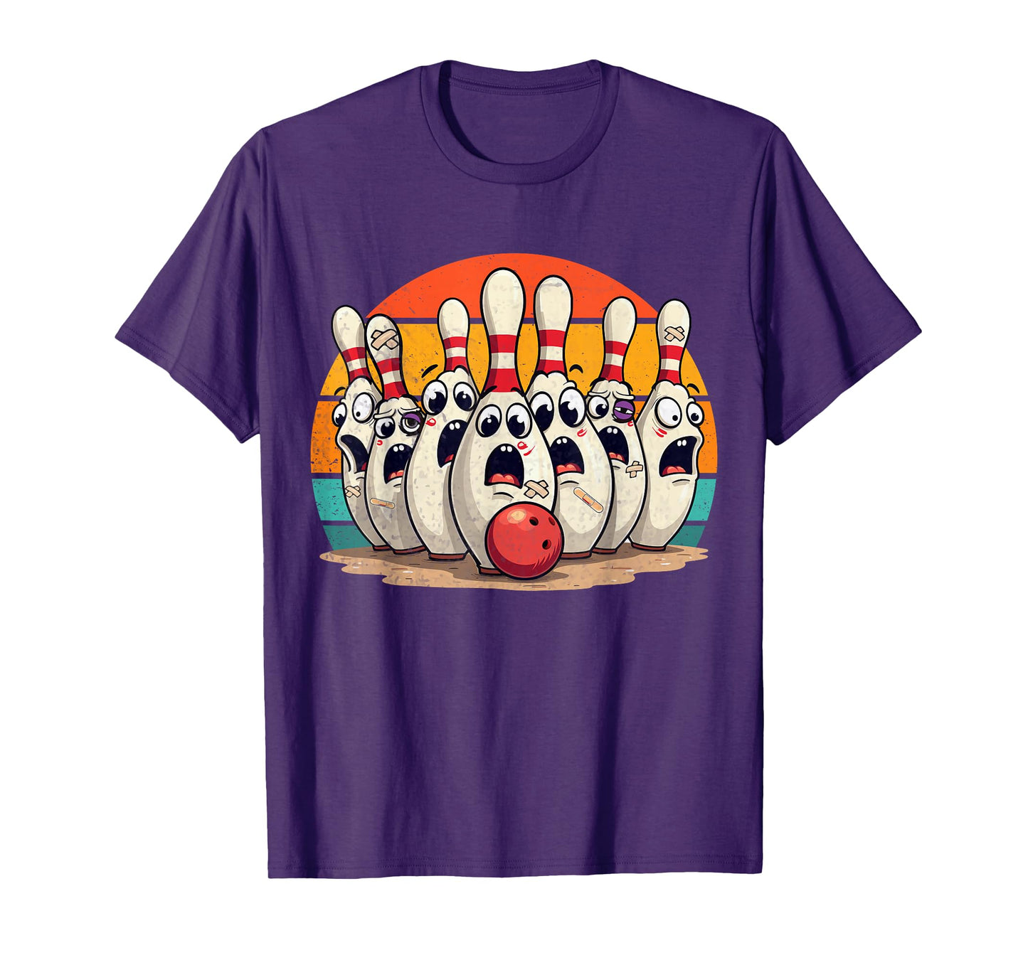Funny Sport Bowler Scared Bowling Pins Retro Sunset Design T-Shirt