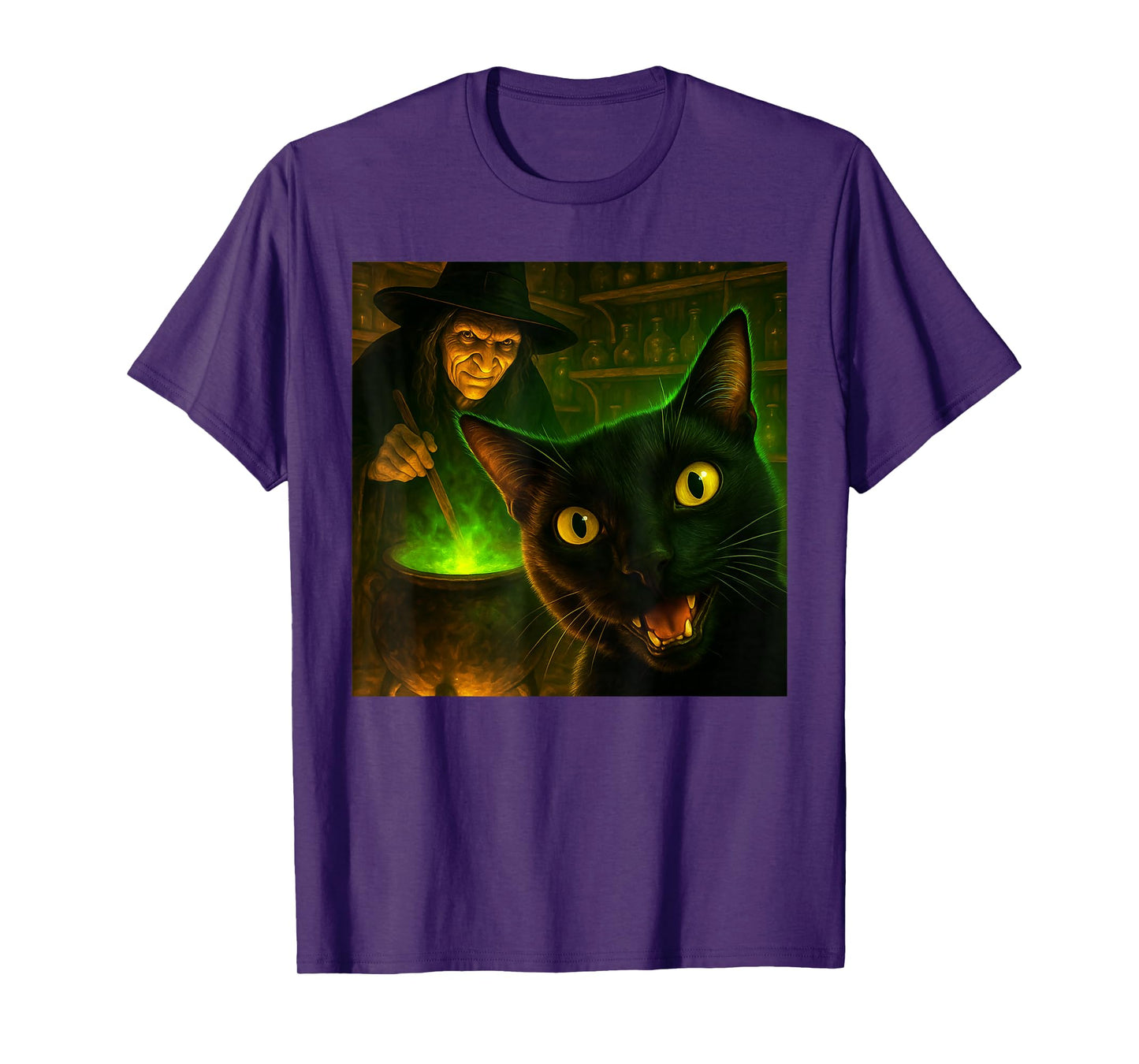 Funny Halloween Spooky Black Cat Witch Cauldron Selfie T-Shirt