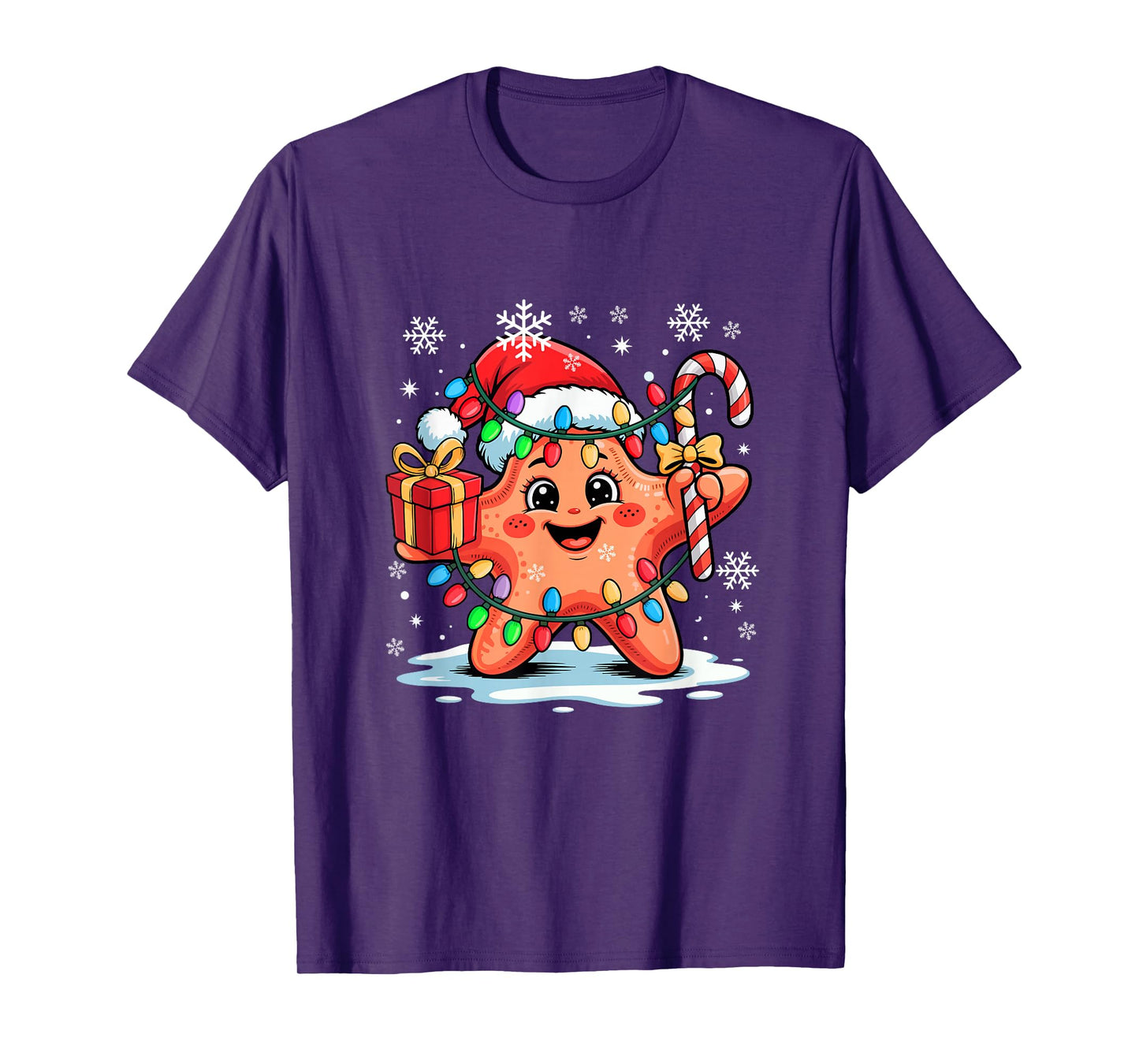 Santa Starfish Holding Candy Cane Xmas Box Colorful Lights T-Shirt