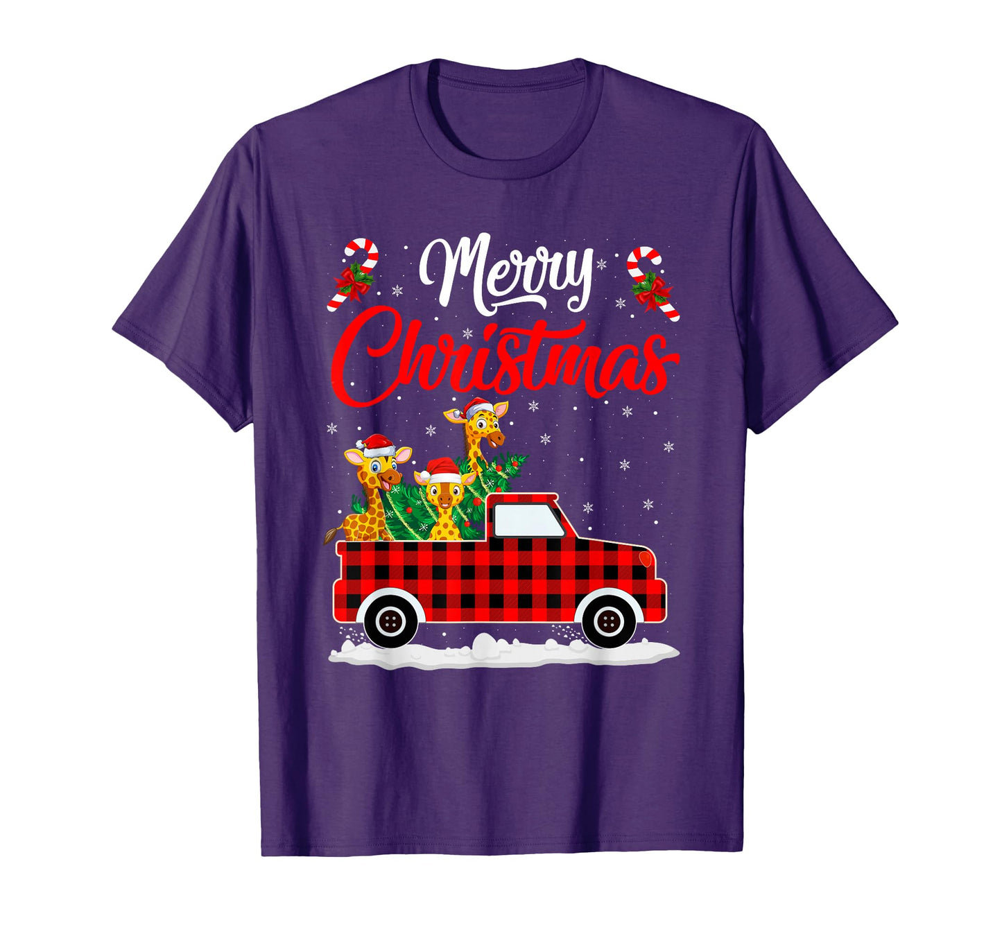 Giraffe Merry Christmas Tree Red Truck Buffalo Plaid Xmas T-Shirt