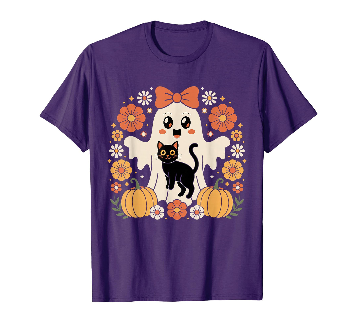 Vintage Halloween Ghost Holding Black Cat Groovy Floral T-Shirt