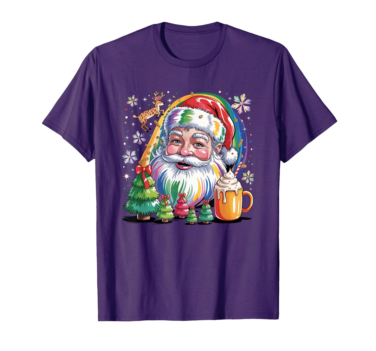 Colorful Rainbow Santa Christmas Cocoa and Tree T-Shirt
