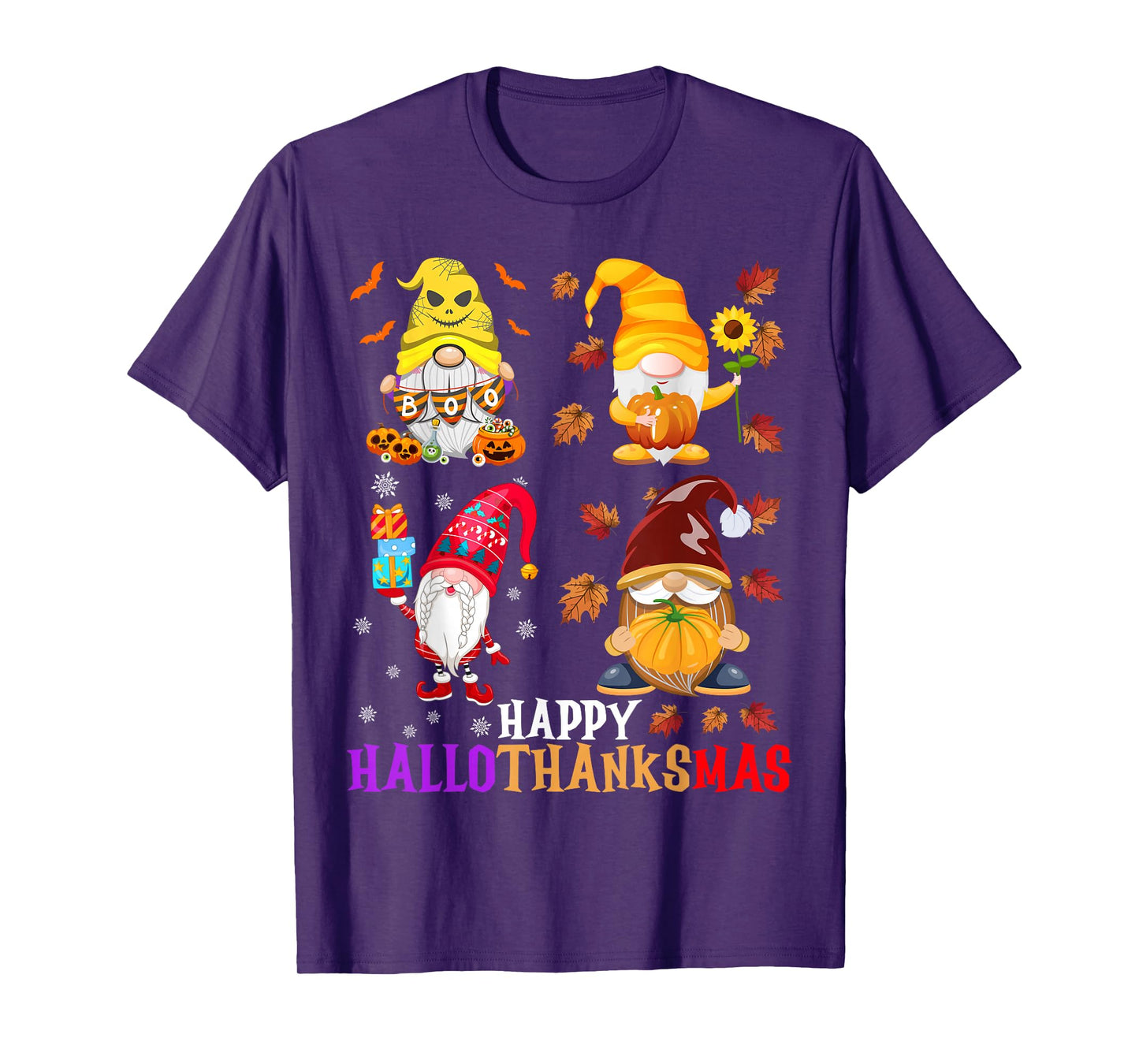 Happy Hallothanksmas Gnomes Halloween Thanksgiving Christmas T-Shirt