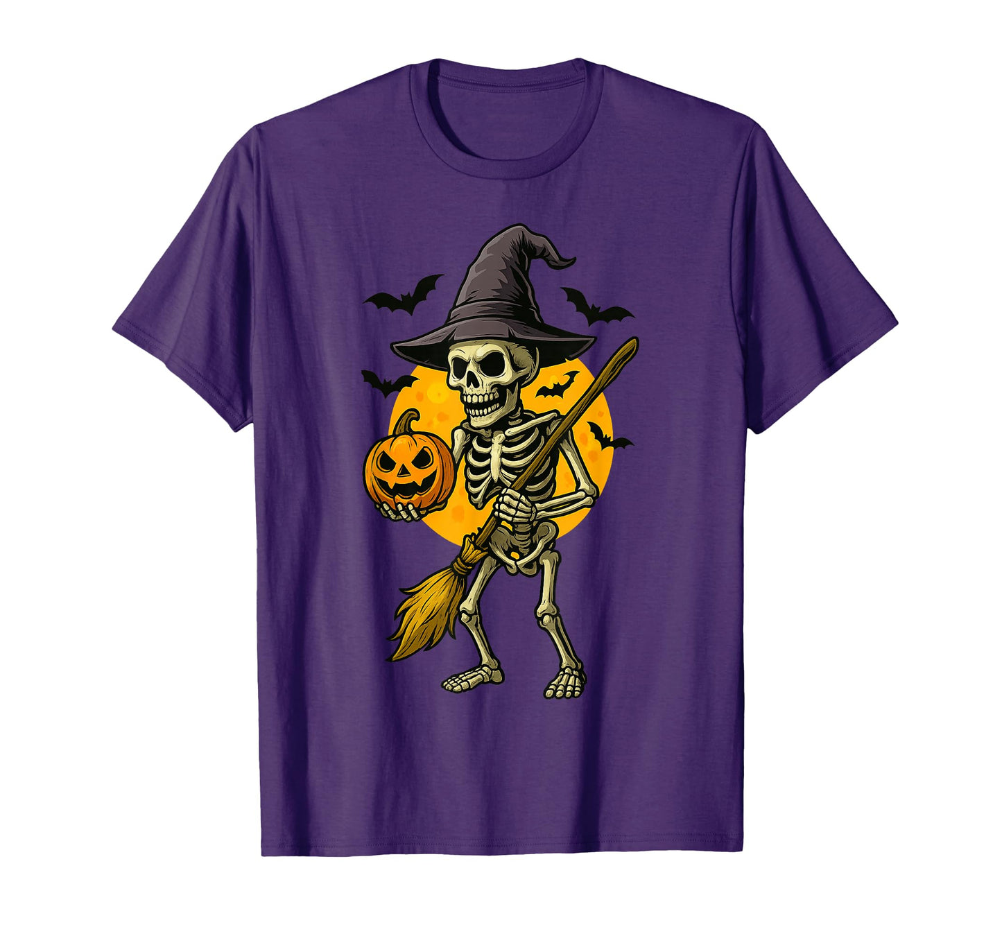 Halloween Skeleton Witch with Pumpkin & Broom Funny for Kids T-Shirt