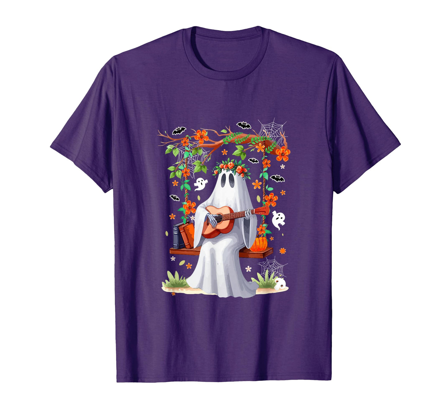 Cute Boo On Swing Playing Guitar Halloween Colorful Flowers T-Shirt