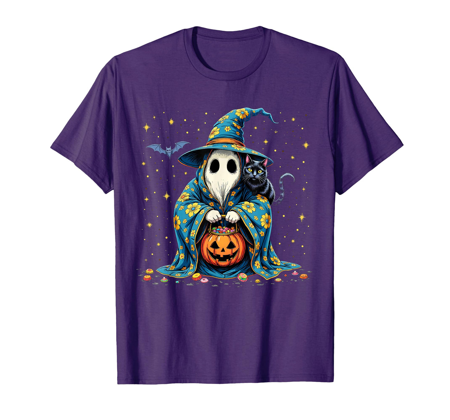 Ghost Holding Black Cat Lover Halloween 2025 Groovy Floral T-Shirt