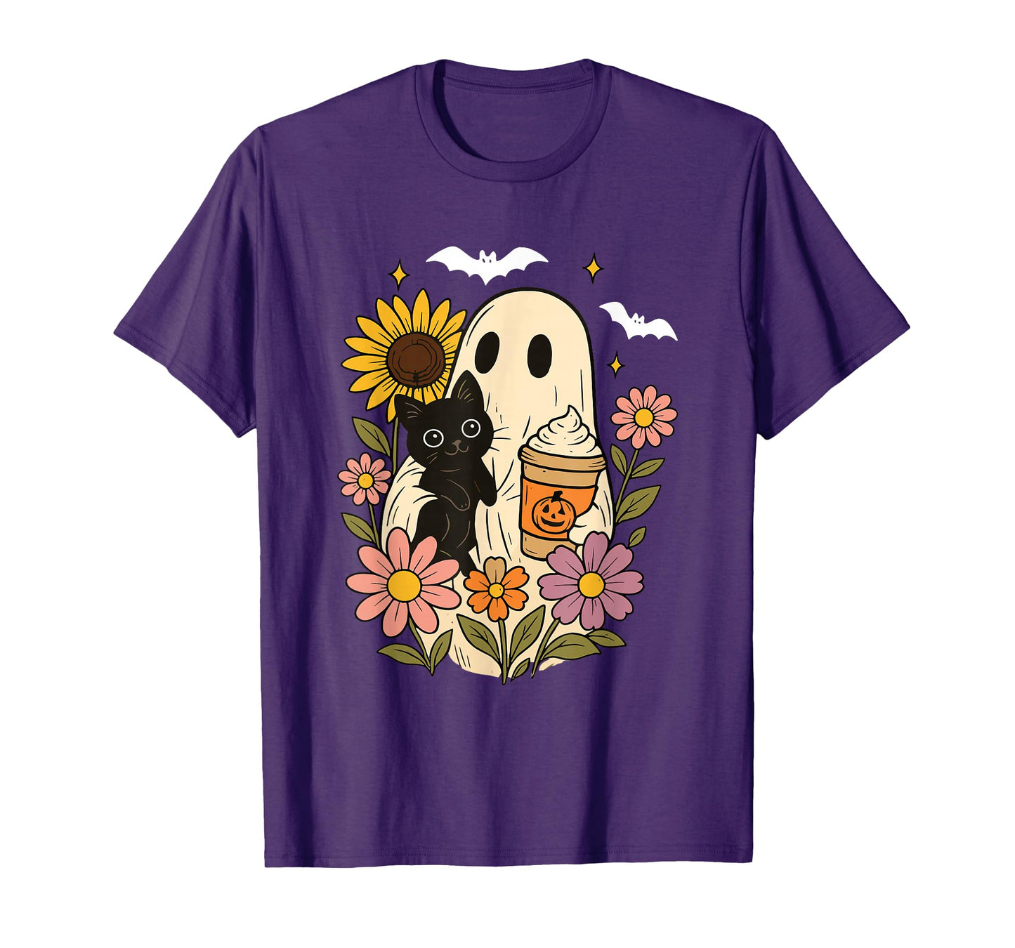 Floral Ghost Pumpkin Spice Halloween Ghost Holding Black Cat T-Shirt