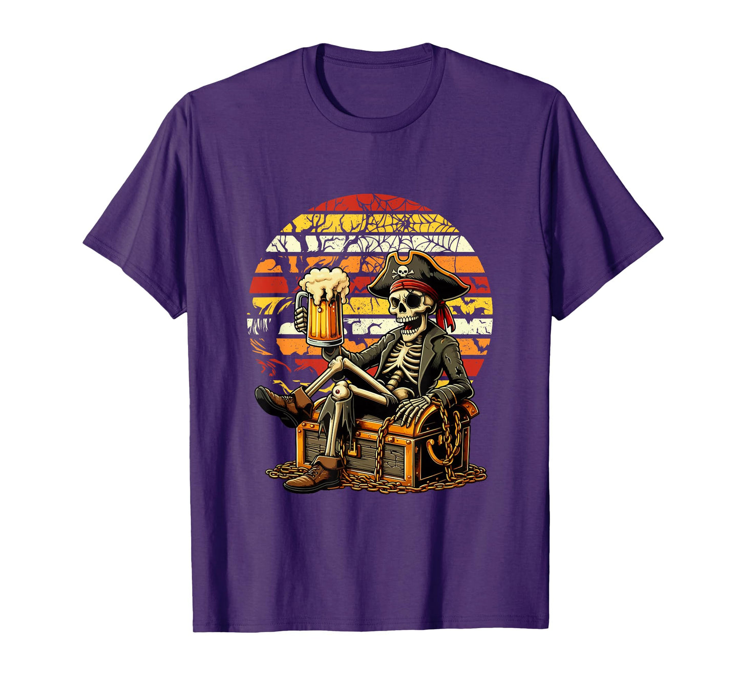 Vintage Retro Halloween Skeleton As Pirate Drinking Beer T-Shirt