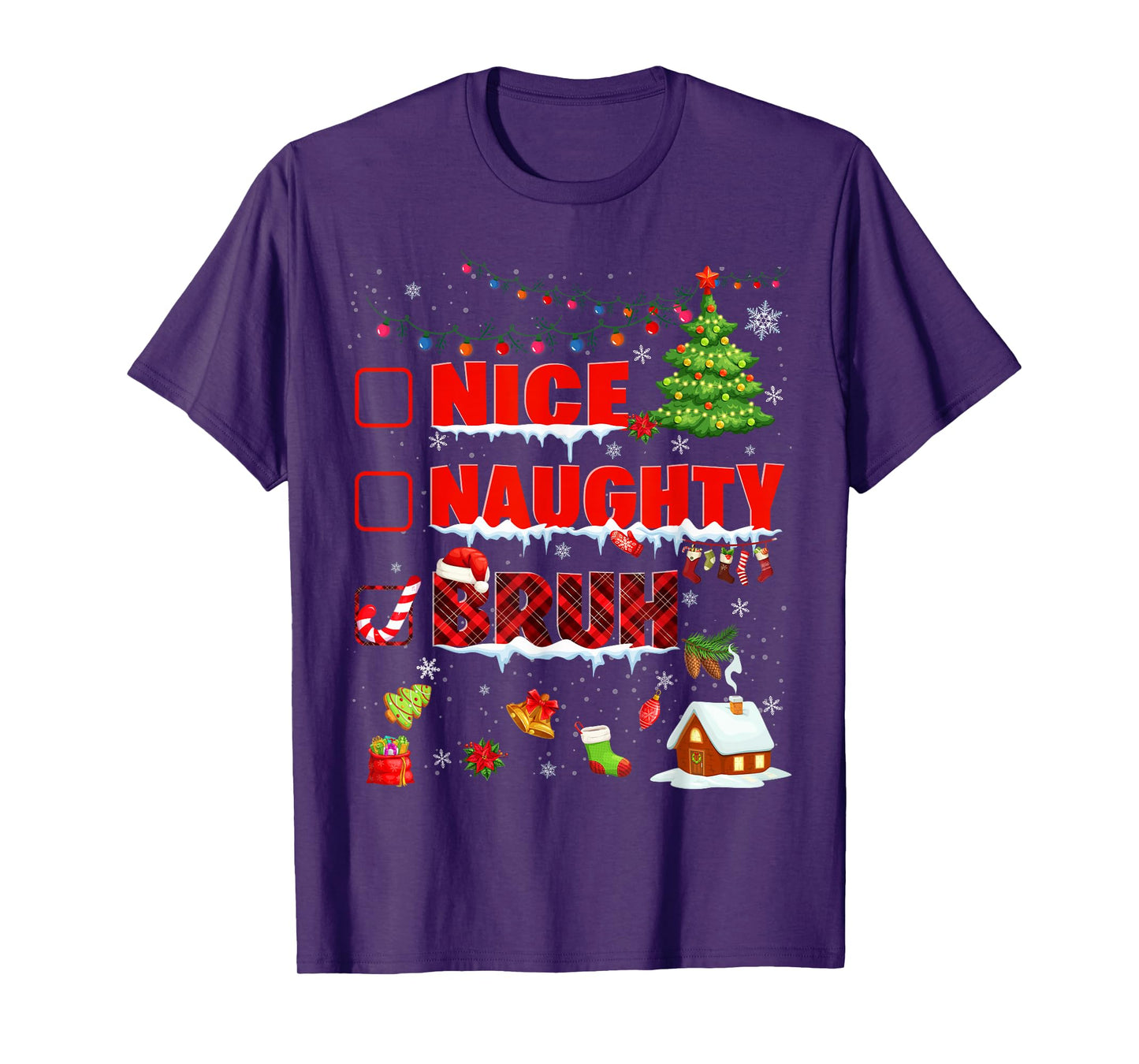 Funny Nice Naughty Bruh Christmas Plaid Pjs Pajamas Boys Men T-Shirt