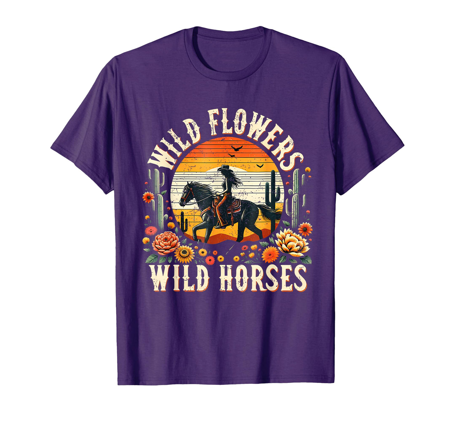 Sunset Cowgirl Riding Horse Wild Flowers Wild Horses T-Shirt