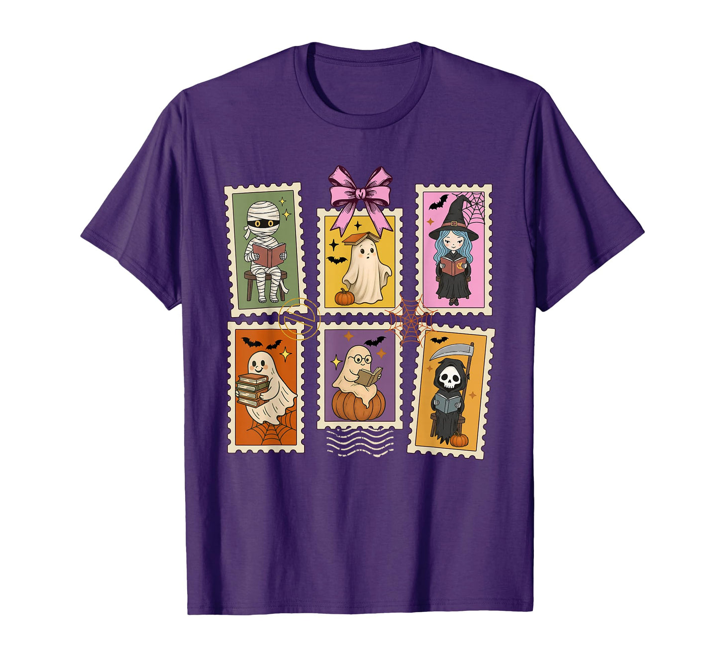 Halloween Teacher Ghost Reading Books Postage Stamp T-Shirt
