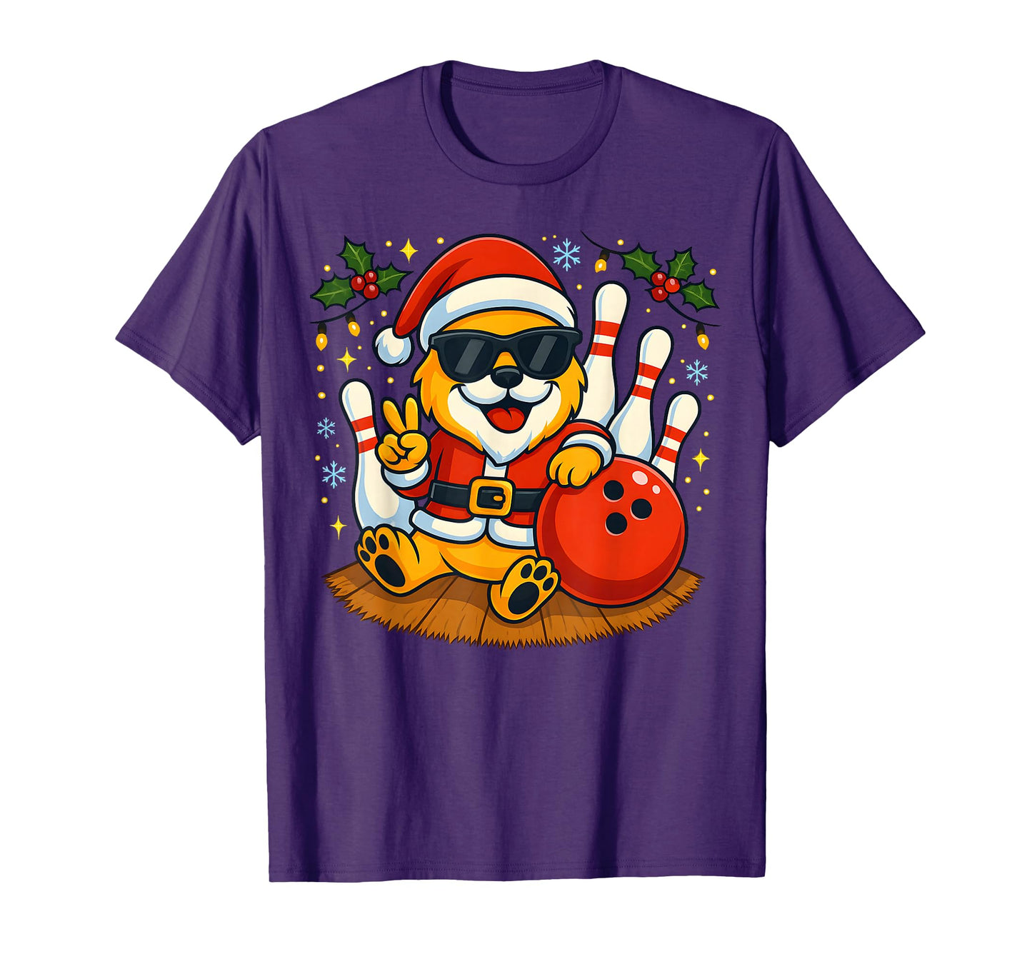 Santa Dog Bowling Christmas Funny Holiday Vibes Men Women T-Shirt
