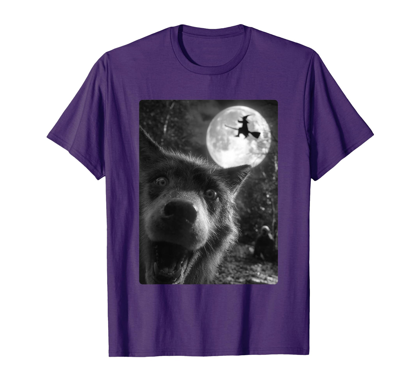Funny Wolf Selfie Full Moon Flying Witch Forest Halloween T-Shirt