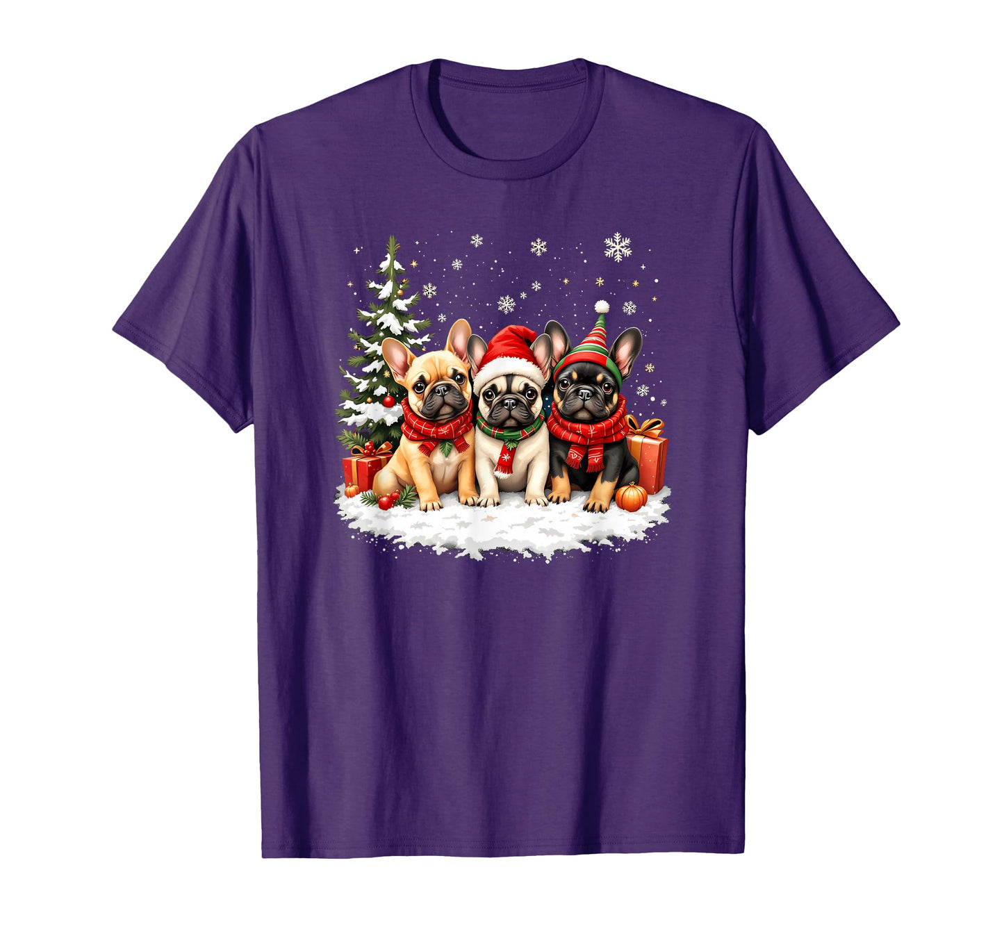 French Bulldog Christmas Trio with Santa Claus Snow Tree T-Shirt