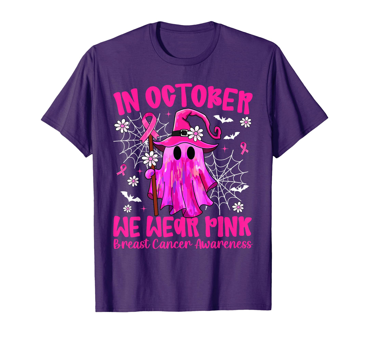in October We Wear Pink Ghost Witch Breast Cancer Awareness T-Shirt