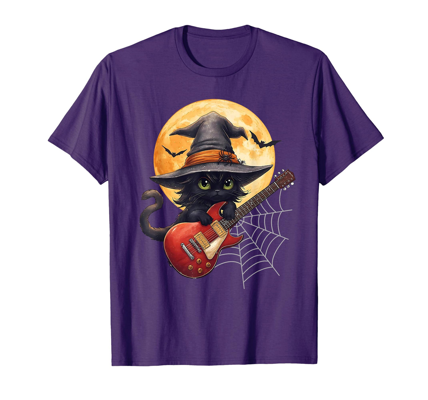 Witch Cat Playing Guitar Cat Halloween Cat Kitten Lover Kids T-Shirt