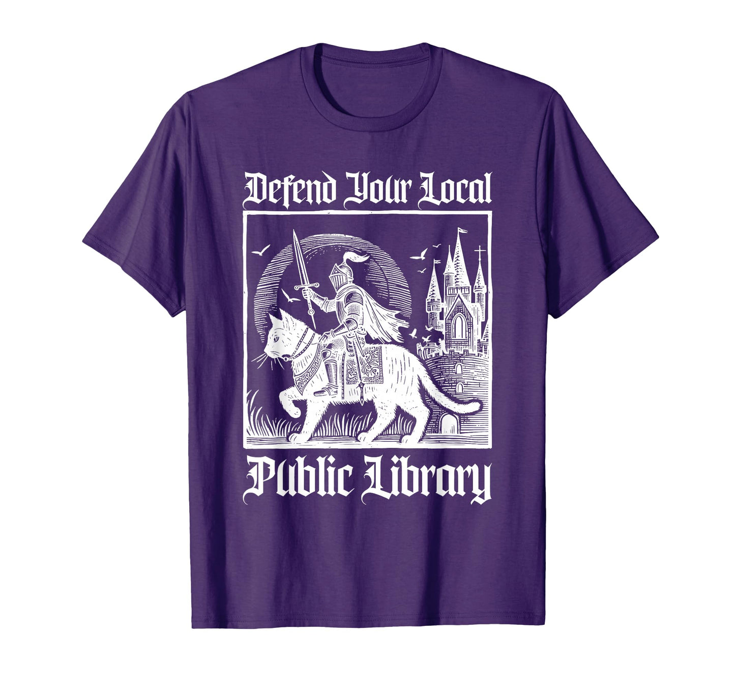 Defend Your Local Public Library Funny Knight Riding Cat T-Shirt