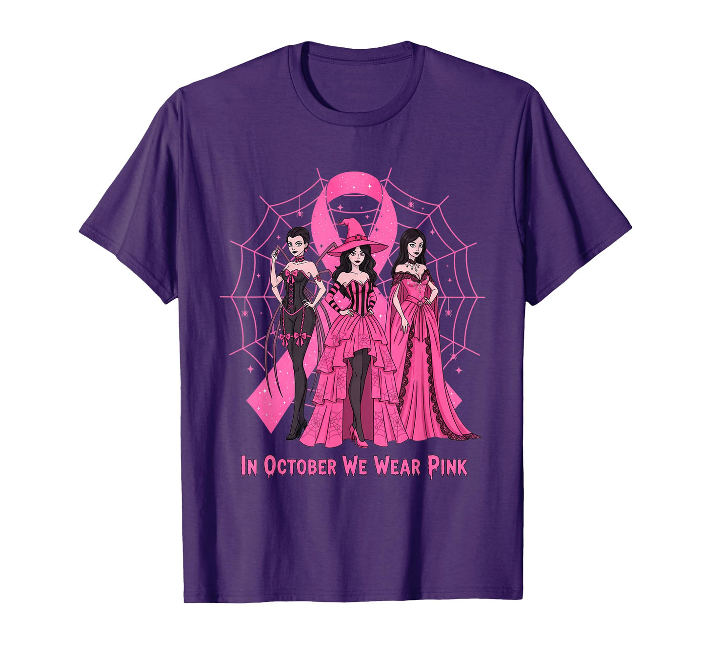 October We Wear Pink Spider Witch Halloween Breast Cancer T-Shirt