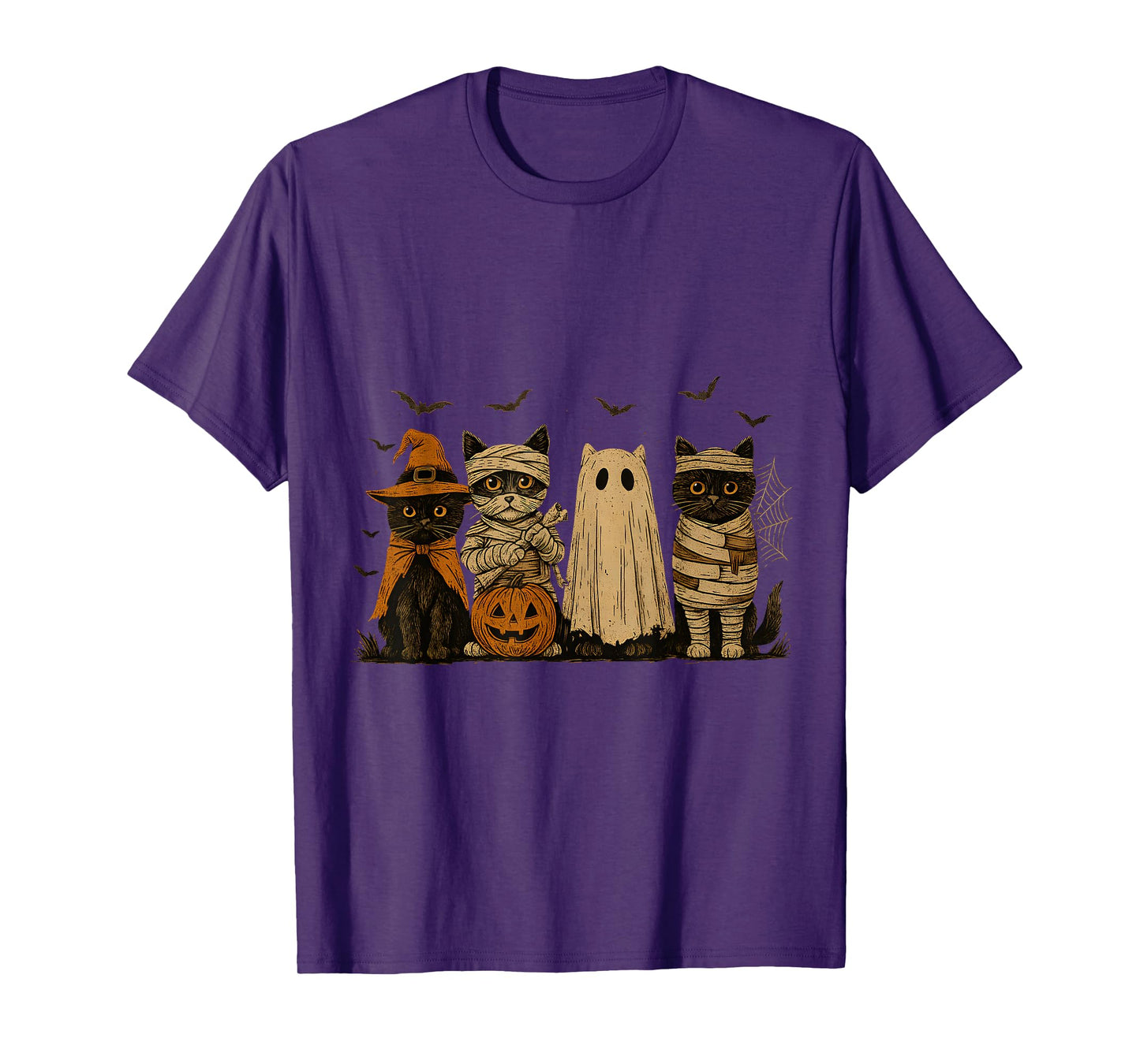 Witch, Mummy, Ghost & Pumpkin Vintage Halloween Cats Design T-Shirt