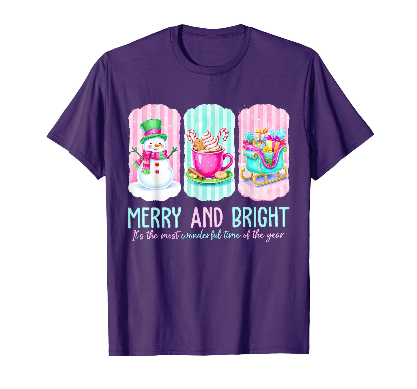 Merry and Bright Gingerbread Santa Snowman Christmas Women T-Shirt