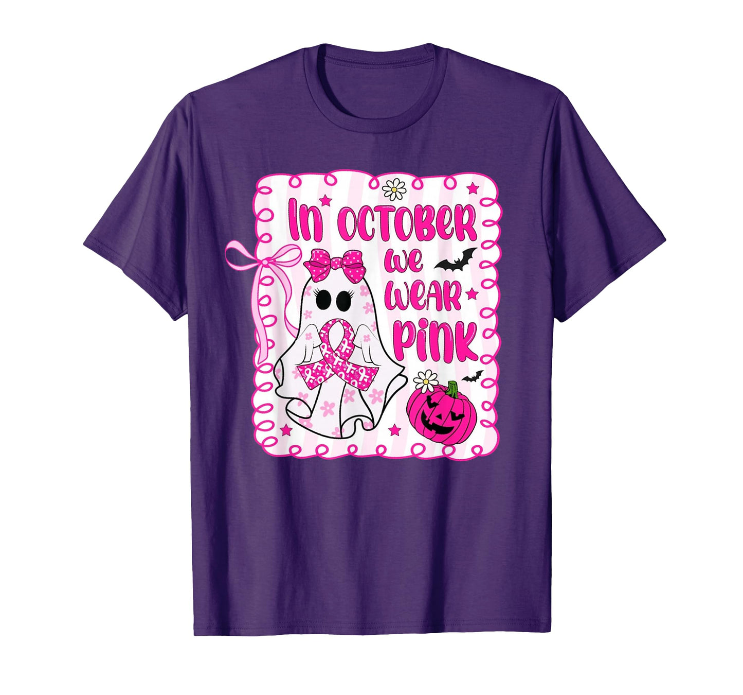 in October We Wear Pink Ghost Witch Breast Cancer Awareness T-Shirt