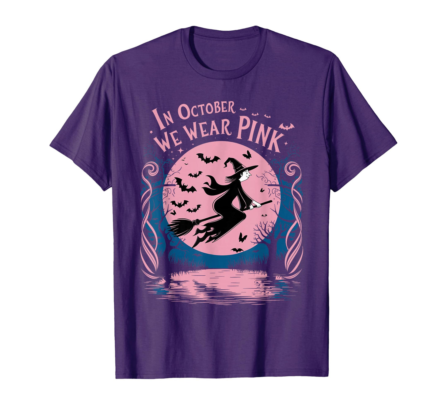 in October We Wear Pink Witch Halloween Breast Cancer T-Shirt