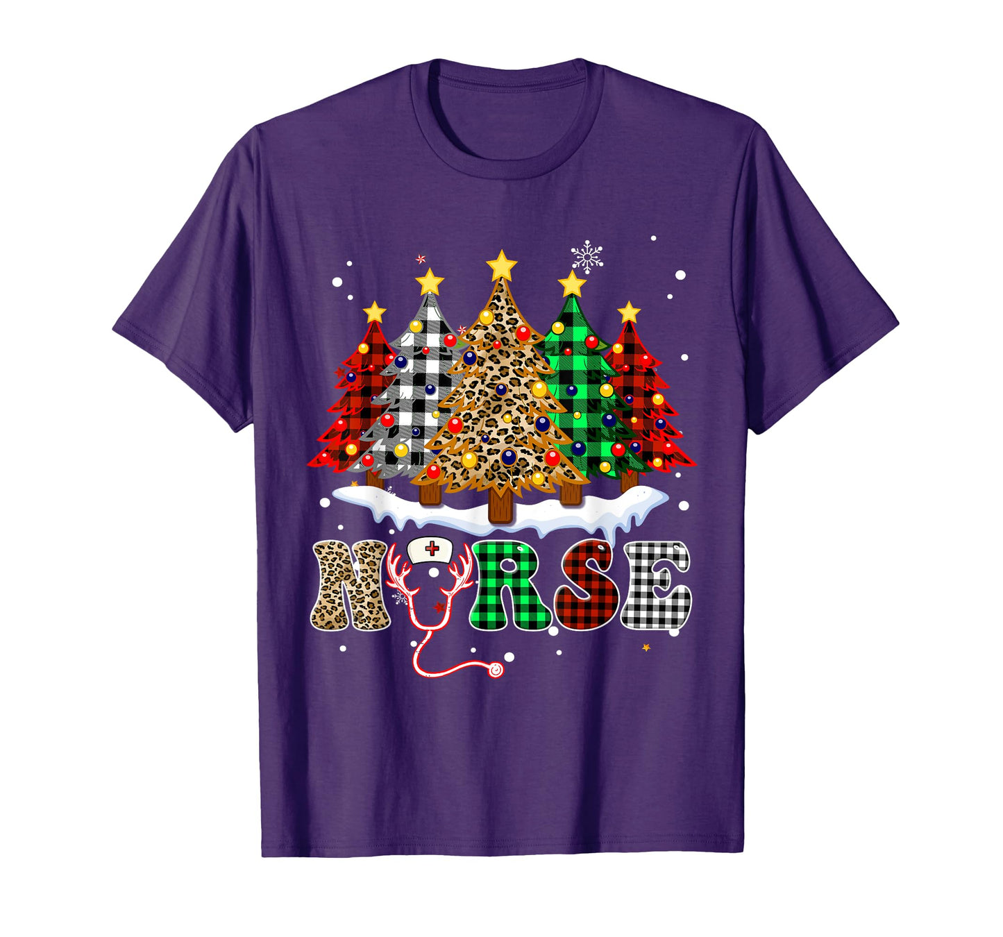 Christmas Tree Nurse Lights Leopard Buffalo Plaid Red Green T-Shirt