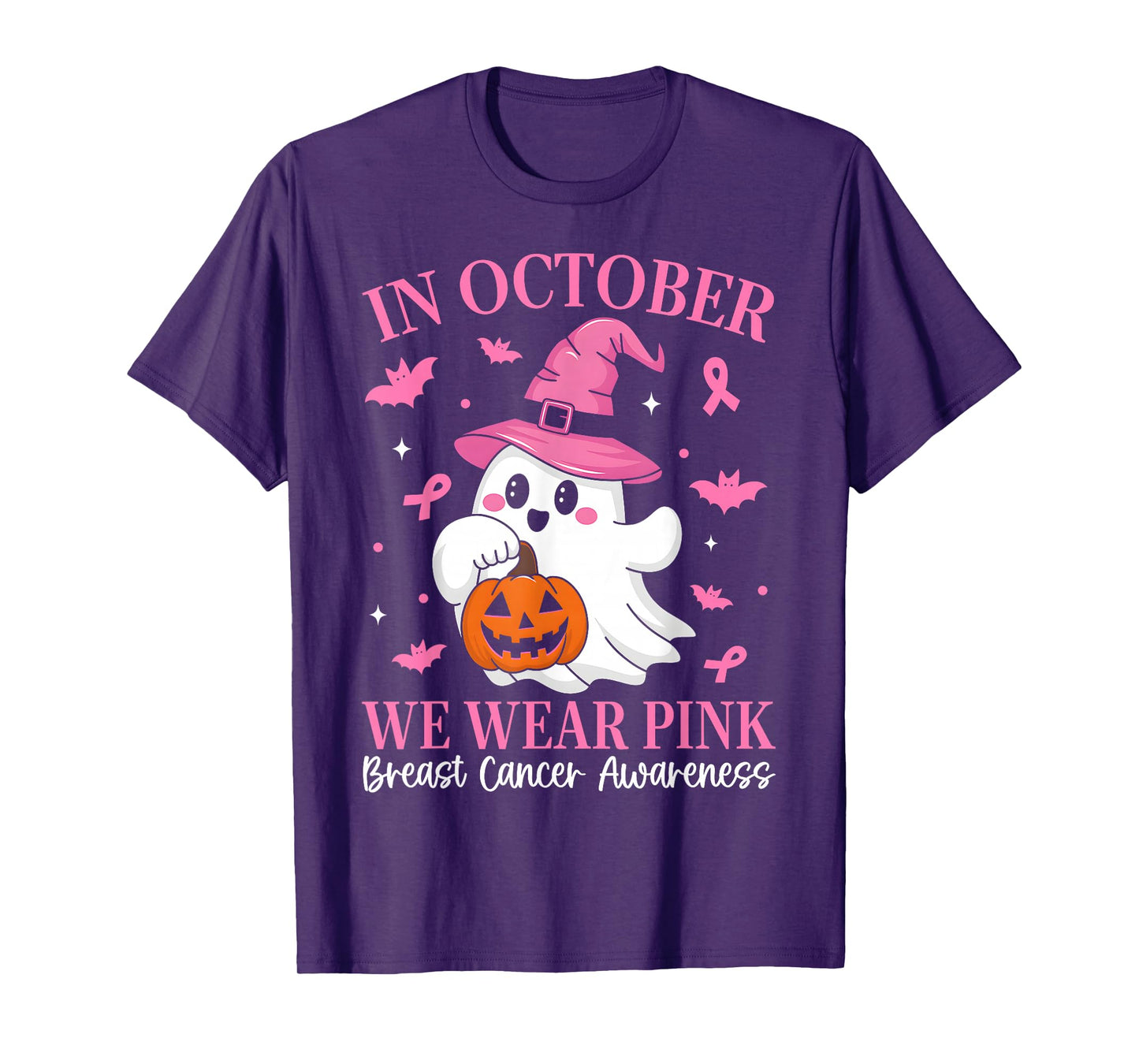 in October We Wear Pink Ghost Witch Breast Cancer Awareness T-Shirt