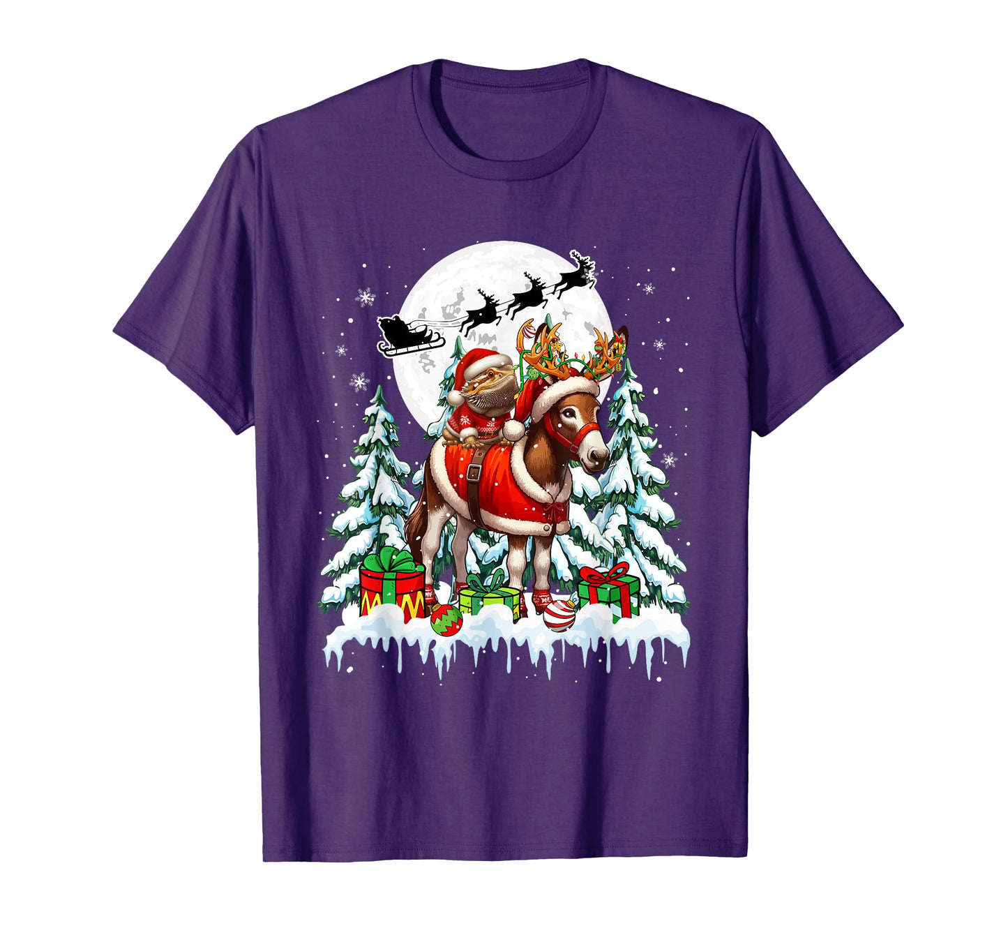 Santa Bearded Dragon Riding Reindeer Donkey Christmas Trees T-Shirt