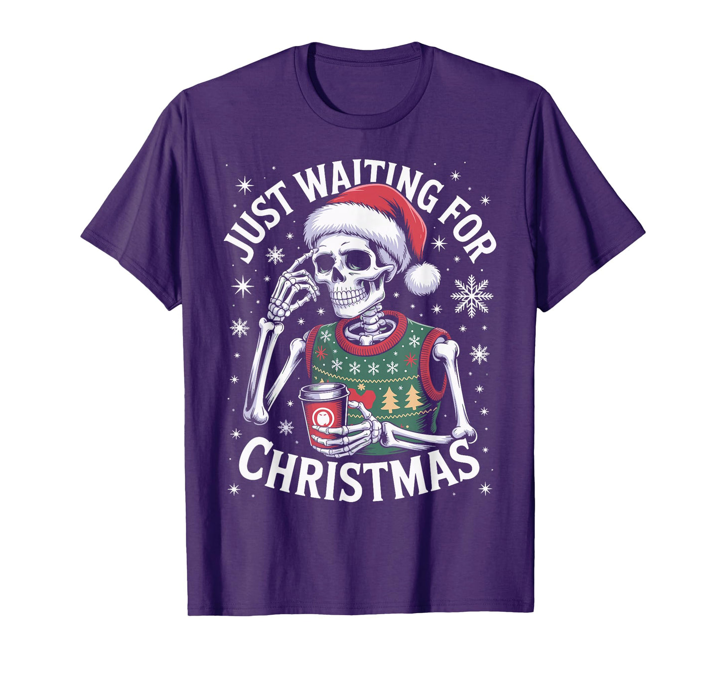 Just Waiting for Christmas Skeleton in Santa Hat Men Women T-Shirt