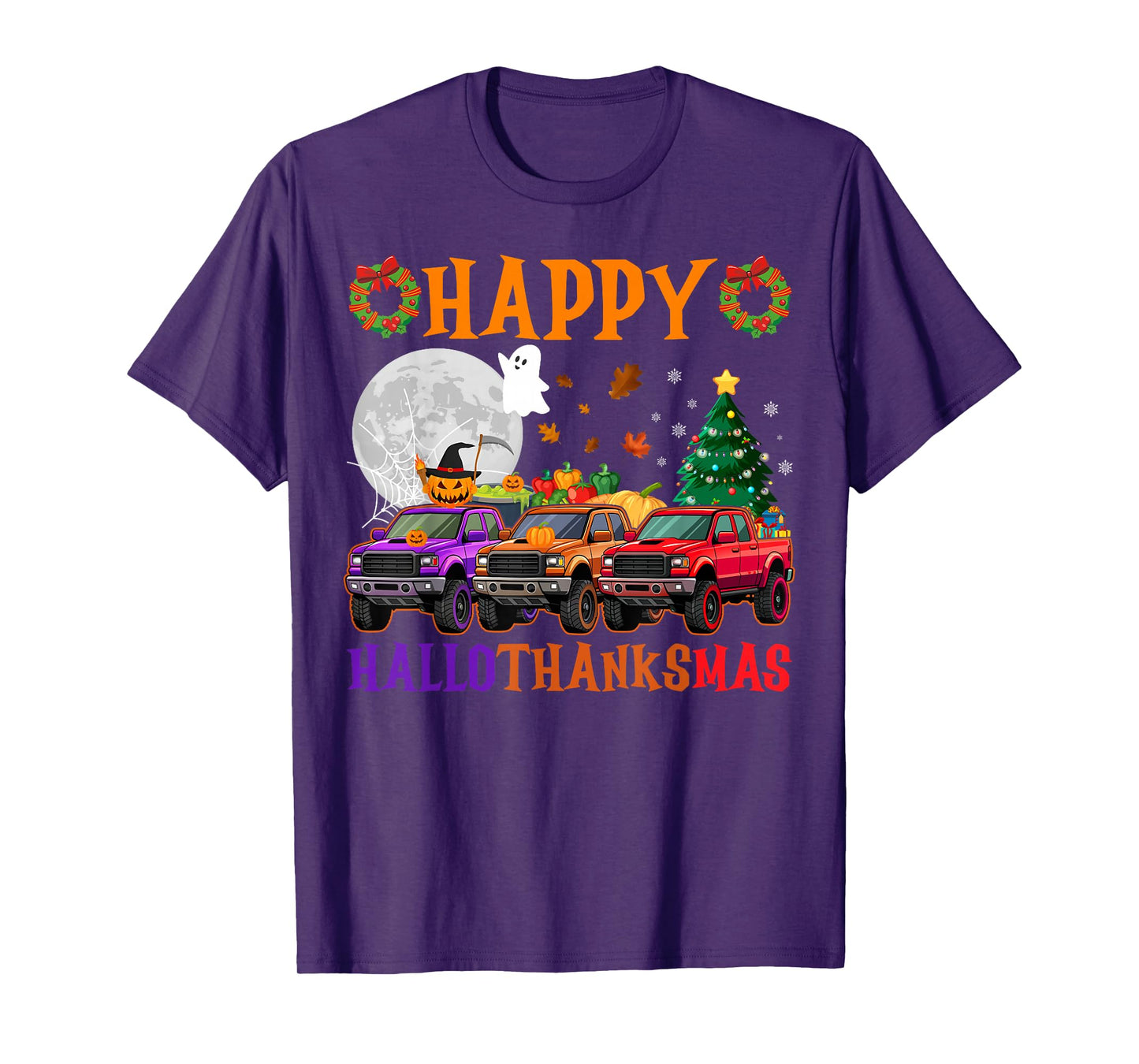 Happy Hallothanksmas Trucks Halloween Thanksgiving Christmas T-Shirt