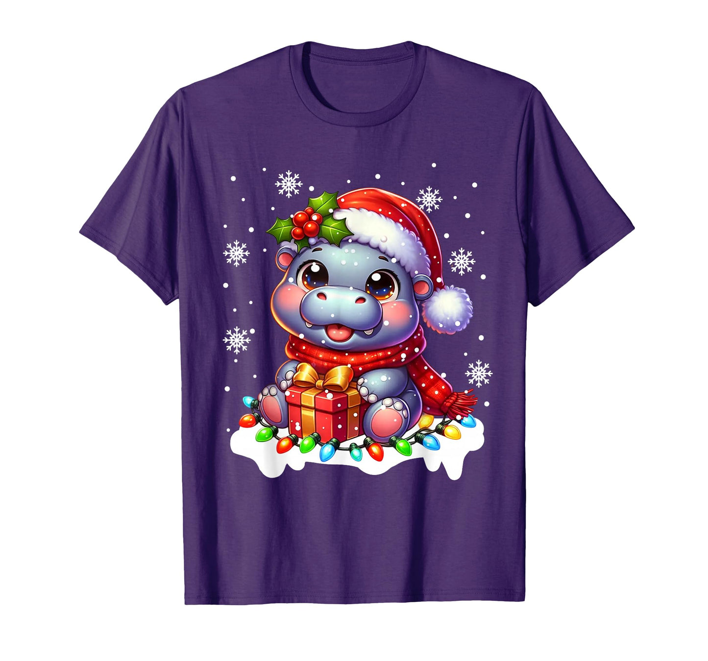 Hippopotamus Lovers Funny Christmas Lights Santa Hat Hippo T-Shirt