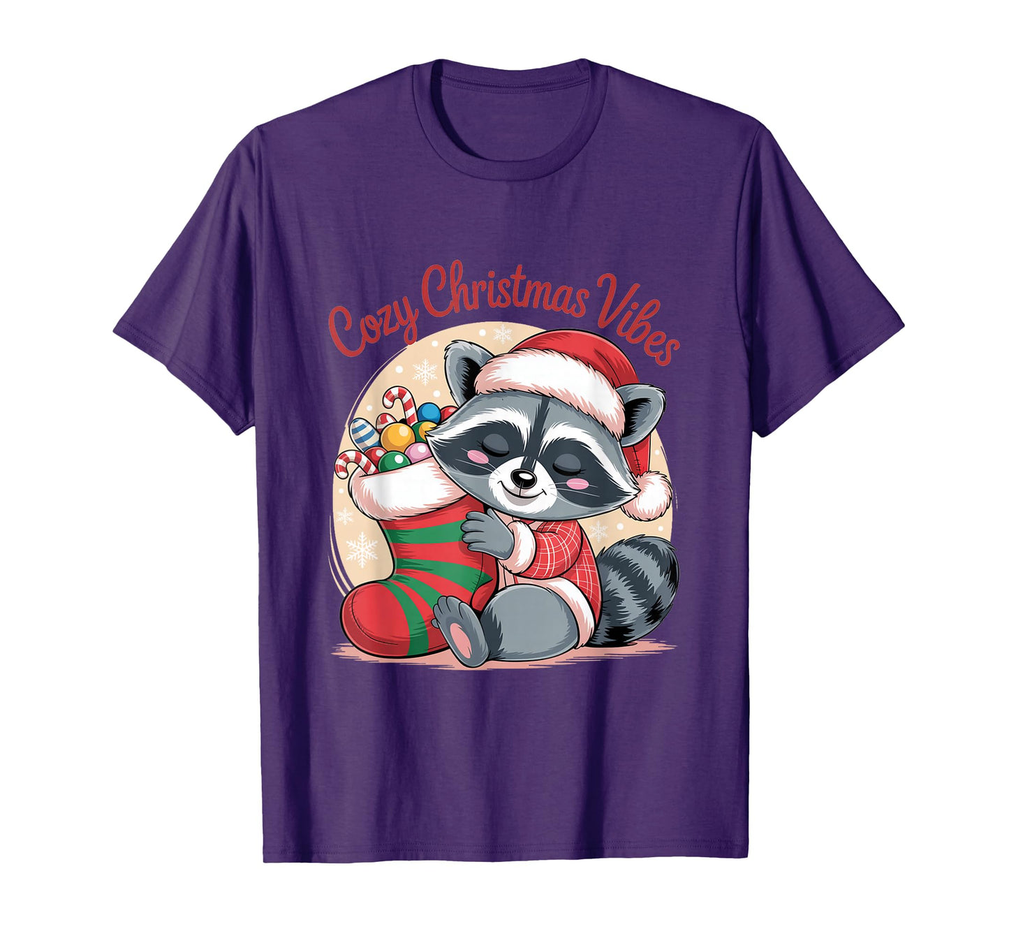 Cozy Christmas Vibes Raccoon with Candy Cane Stocking T-Shirt