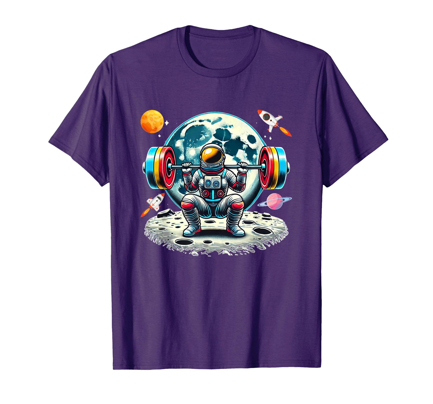 Funny Astronaut Working Out Gym Barbell Squats Outer Space T-Shirt