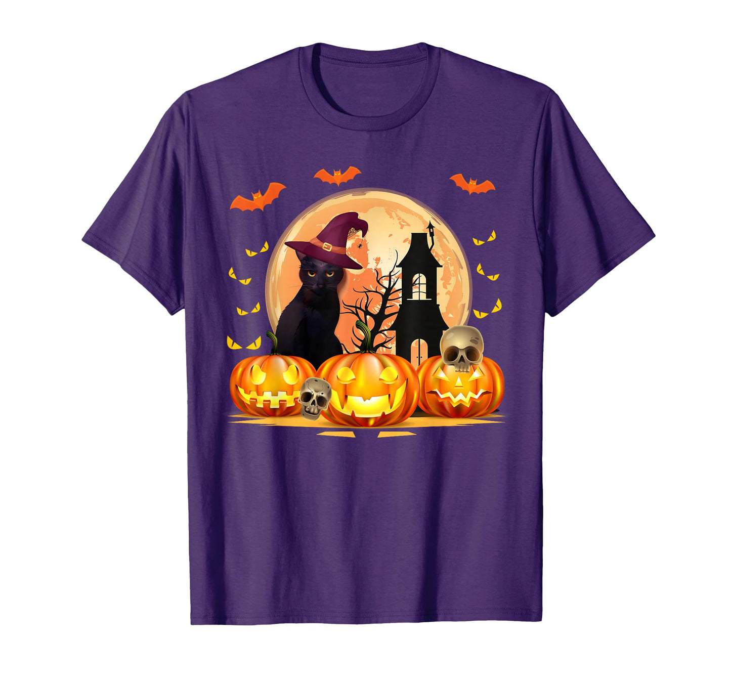 Black Cat with Witch Hat & Pumpkins Halloween Costume Day T-Shirt