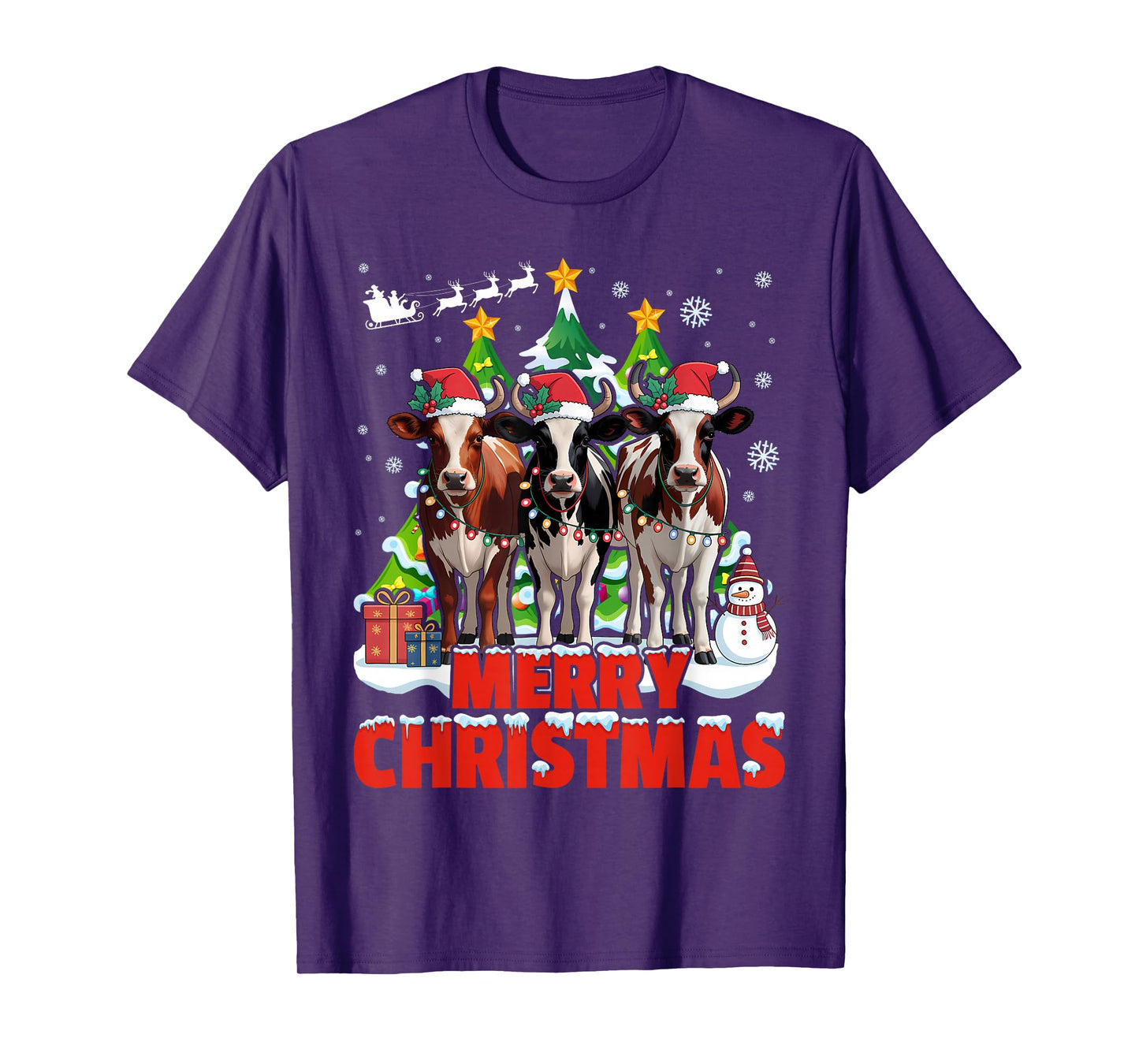 Cow Reindeer Hat Santa Christmas Lights Funny T-Shirt