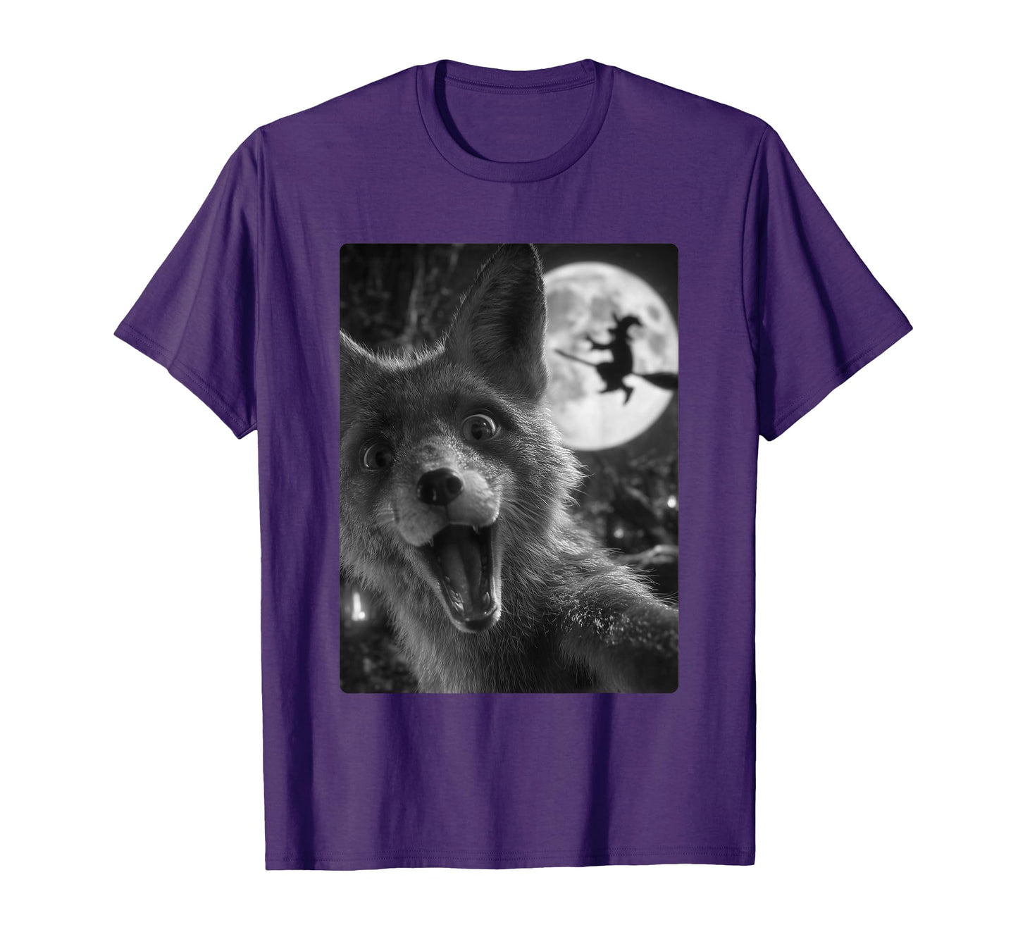 Funny Fox Selfie Full Moon Flying Witch Forest Halloween T-Shirt