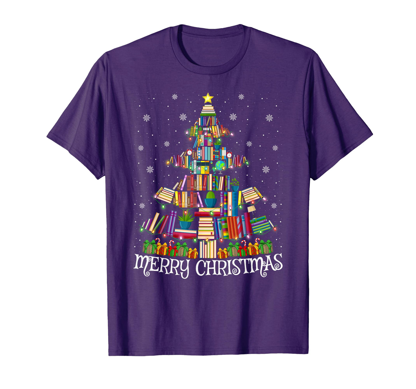 Book Christmas Tree Pajamas Xmas Lights Librarian Teacher T-Shirt
