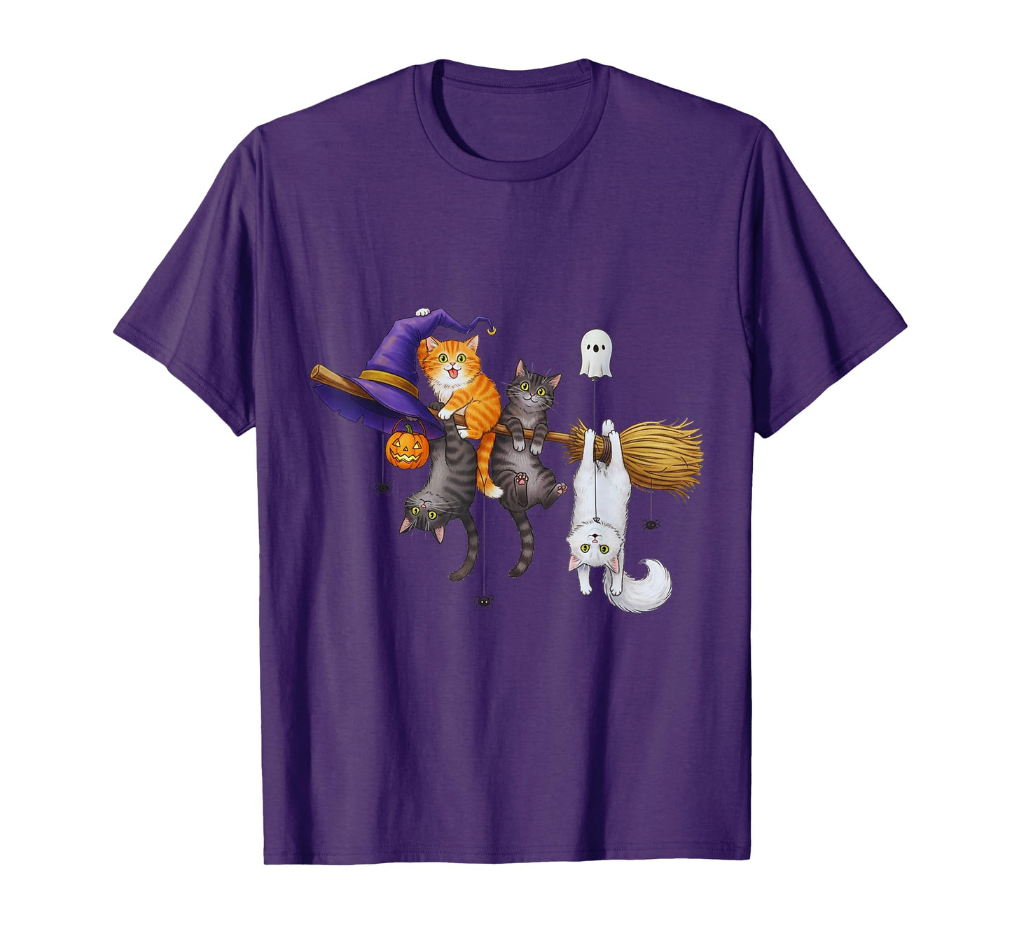 Funny Halloween Cats Hanging on Witch Broom Spooky T-Shirt