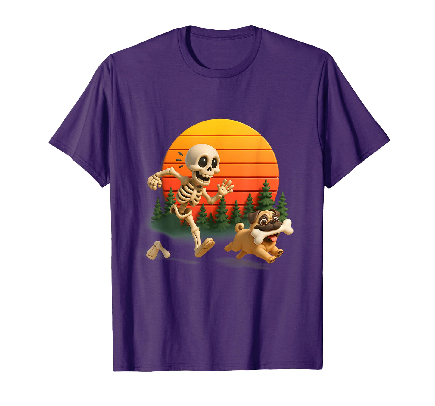 Funny Pug Dogs Ste ALS Bone from Skeleton Halloween Sunset T-Shirt