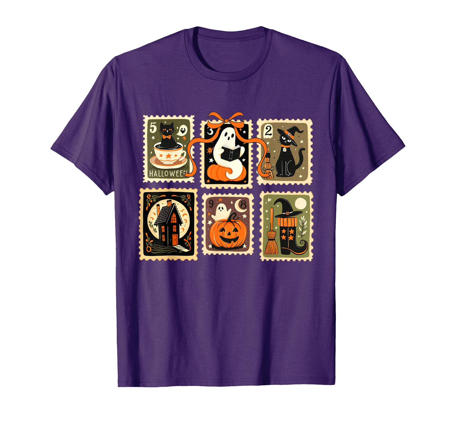 Halloween Stamp Spooky Ghost Cat Pumpkin Bow Vintage T-Shirt