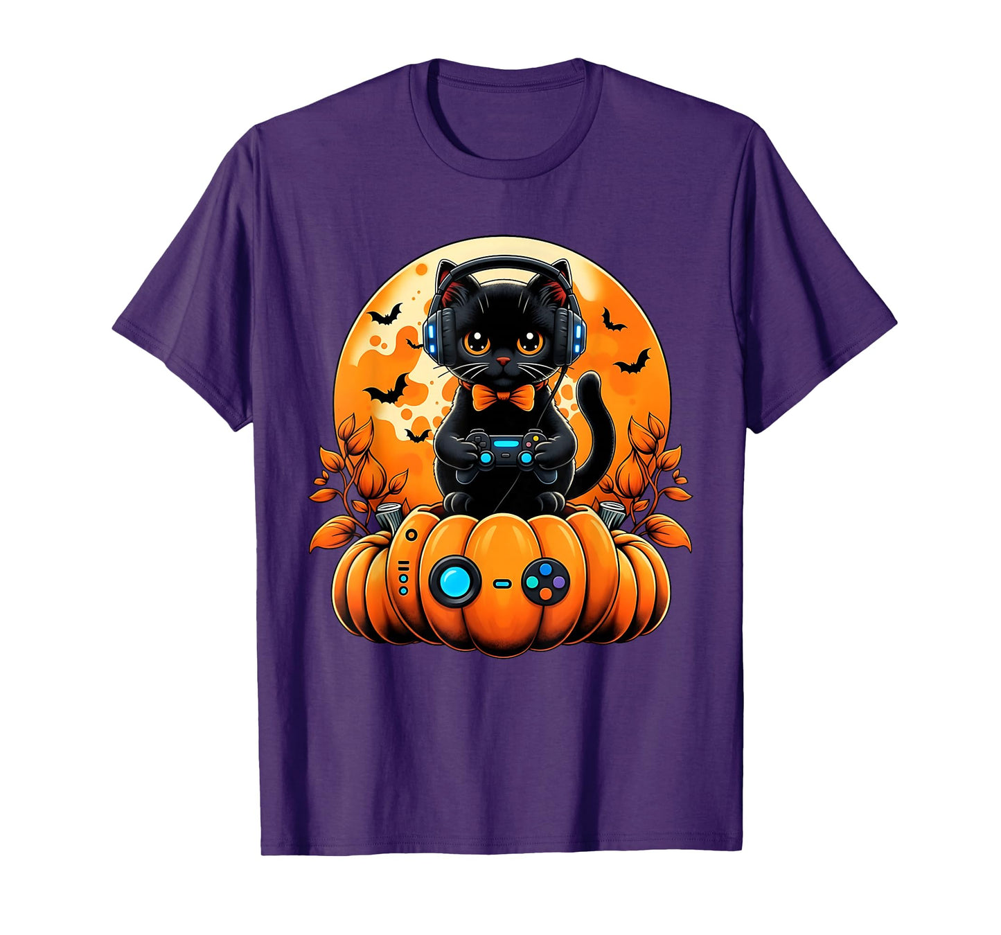 Retro Gamer Black Cat Pumpkin Halloween Fall Autumn Season T-Shirt